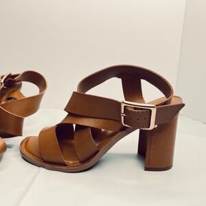 Franco Sarto Cymbal Chunky Sandals Block Heel Leather Cognac Brown Sz 9 Boho Y2K